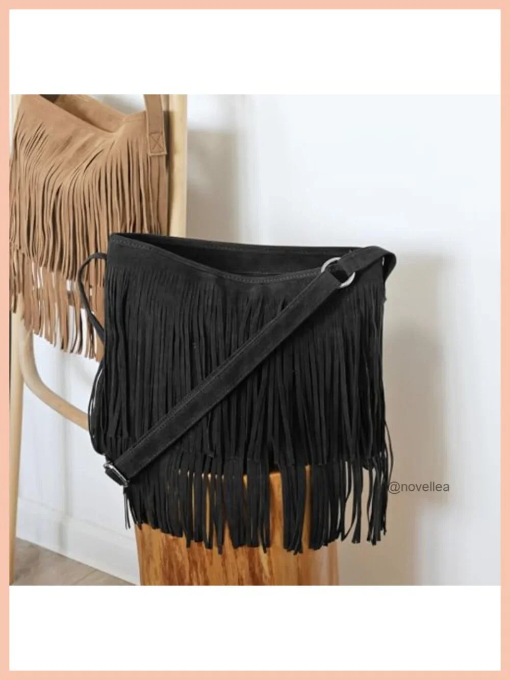 Faux Suede Leather Hobo Crossbody Shoulder Bag with Tassel Fringe